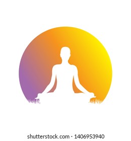 human figure in yoga pose and big colorful sun in behind, vector