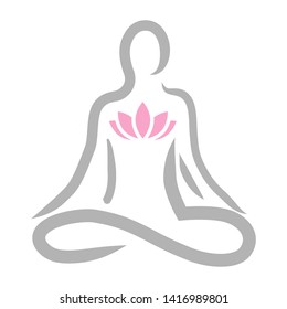 human figure in yoga position with pink lotus flower, vector