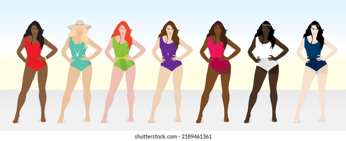 Figuras humanas - 7 modelos femeninas con traje de baño - moda de pasarela