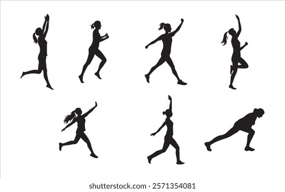 Human figures in action running, jumping, yoga, dancing silhouette vector art illustration on white background