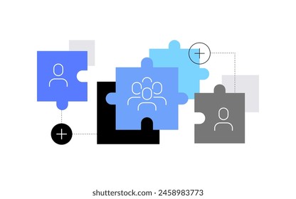 Human figures connected as puzzles. Social connections. Team concept. Modern flat illustration. Web banner, infographic elements. Vector file.