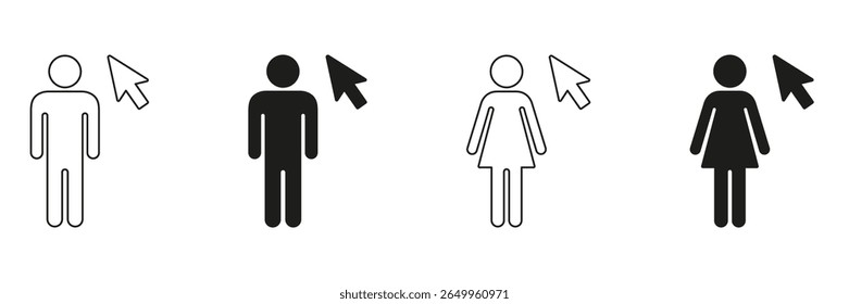 Human Figures With Cursor Icons. User Selection And Interaction Symbol Collection. Male And Female Outline And Silhouette Design. Isolated Vector Illustration.