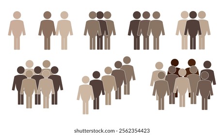 Human figures with different skin colors, crowd of people with different skin colors icon set, stop racism concept, crowd icon isolated, collection of person group icon with different skin tones