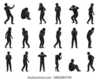 Human figures displaying anxiety panic attacks fear nervousness emotional tension physical discomfort and mental distress.
