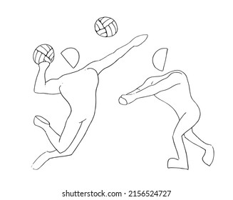 Human figures jumping and playing volleyball, handball. Cartoon sketch hand drawn style vector illustration.