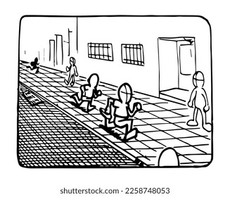 Human figures in the street running away from someone else in an urban cityscape while other people look at them. Sketch black inked strokes, lines hand drawn cartoon style vector illustration.