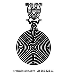 Human figurine on top of a round spiral maze or labyrinth symbol. Native American design from ancient Peru. Symbol of Chimu culture. Black and white silhouette.