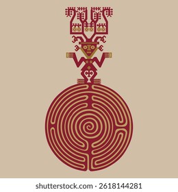 Human figurine on top of a round spiral maze or labyrinth symbol. Native American design from ancient Peru. Symbol of Chimu culture. 