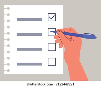 human filling control list on notepad, hands holding checklist with pen, female hand writes a tick, to-do list, vector flat illustration 