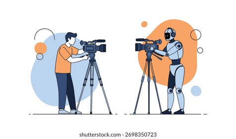 Human filmmaker and an AI robot working together as cameramen, showing collaboration between humans and artificial intelligence.