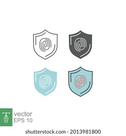 Human Finger print and shield for safe cyber security in biometric identification technology. Thumbprint. Fingerprint security icon, protection. Vector illustration. Design on white background. EPS10