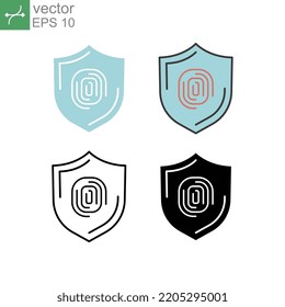 Human Finger print and shield for safe cyber security in biometric identification technology. Thumbprint. Fingerprint security icon, protection. Vector illustration. Design on white background. EPS10