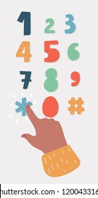 Human finger is pushing (pressing) numbers and symbols. Concept : dialing a telephone number, phone keypad. Vector cartoon illustration of in modern concept