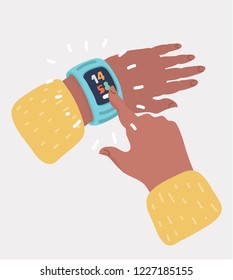 Human finger is tapping on the icon of clock on the smart watch. Person watching precise time on the hand clock. Vector cartoon illustration in modern concept