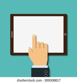 Human finger touches the screen. Flat graphic image. Stock Vector.