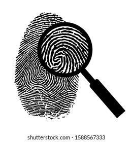 human fingerprint in a magnifying glass loupe vector illustration, isolated on white background Criminalistics research Vector logo detective tool stock illustration web Digital finger print id