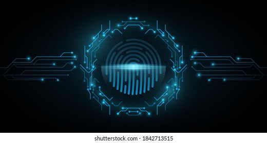 Human fingerprint scanner frame of circuit computer board. System software security and protection from hackers. Programming background. Cyber style. Vector illustration. EPS 10
