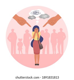 Human fingers pointing at crying girl, flat vector illustration. Social pressure, verbal bullying concept.