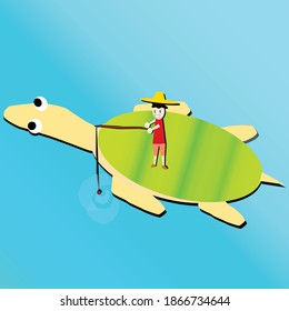 
Human is fishing on back turtle
