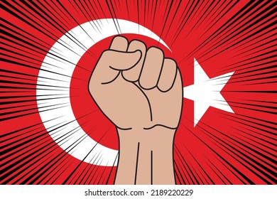 Human fist clenched symbol on flag of Turkey background. Power and strength logo