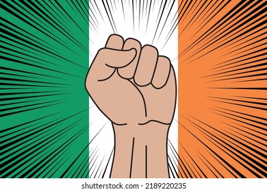 Human fist clenched symbol on flag of Ireland background. Power and strength logo