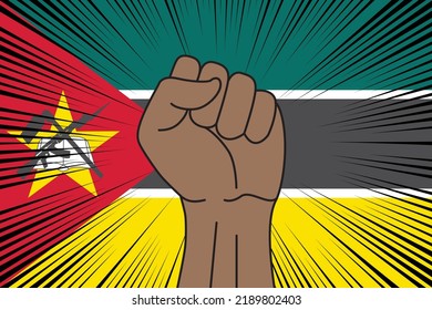 Human fist clenched symbol on flag of Mozambique background. Power and strength logo