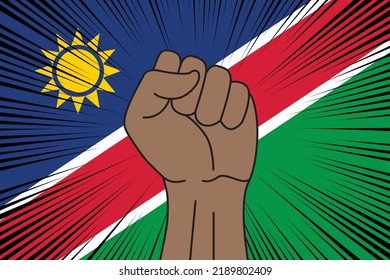 Human fist clenched symbol on flag of Namibia background. Power and strength logo