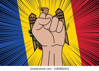 Human fist clenched symbol on flag of Moldova background. Power and strength logo