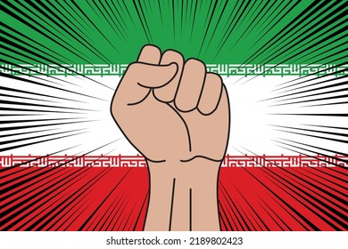 Human fist clenched symbol on flag of Iran background. Power and strength logo