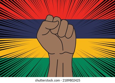 Human fist clenched symbol on flag of Mauritius background. Power and strength logo