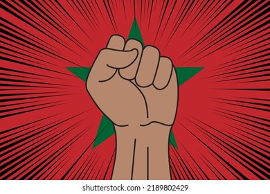 Human fist clenched symbol on flag of Morocco background. Power and strength logo