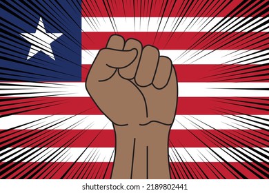 Human fist clenched symbol on flag of Liberia background. Power and strength logo