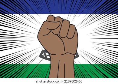 Human fist clenched symbol on flag of Lesotho background. Power and strength logo