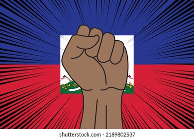 Human fist clenched symbol on flag of Haiti background. Power and strength logo