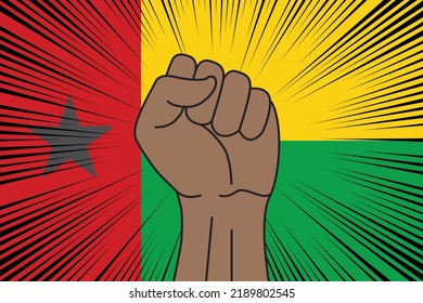 Human fist clenched symbol on flag of Guinea-Bissau background. Power and strength logo