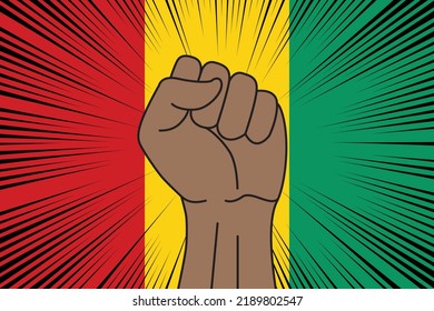 Human fist clenched symbol on flag of Guinea background. Power and strength logo
