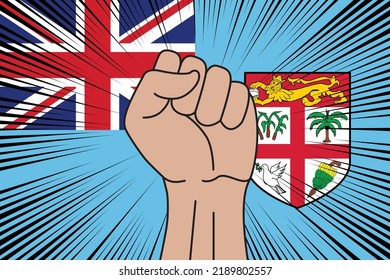 Human fist clenched symbol on flag of Fiji background. Power and strength logo