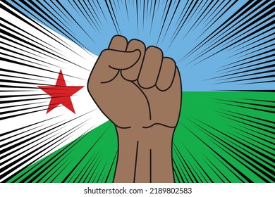 Human fist clenched symbol on flag of Djibouti background. Power and strength logo