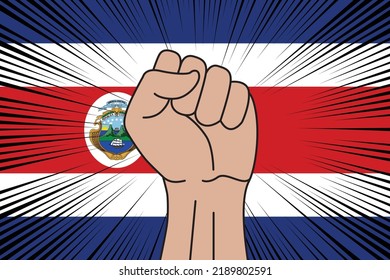 Human fist clenched symbol on flag of Costa Rica background. Power and strength logo