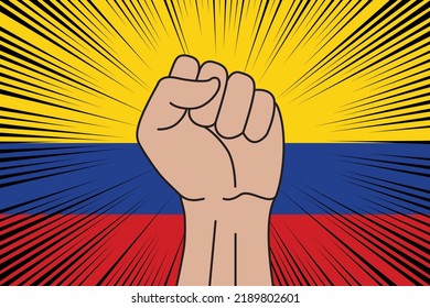 Human fist clenched symbol on flag of Colombia background. Power and strength logo