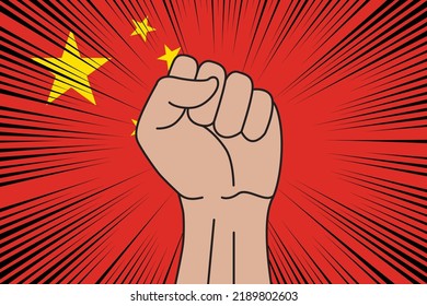 Human fist clenched symbol on flag of China background. Power and strength logo