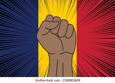Human fist clenched symbol on flag of Chad background. Power and strength logo
