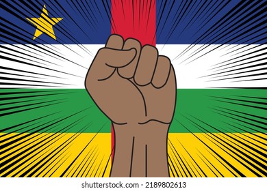 Human fist clenched symbol on flag of Central African Republic background. Power and strength logo