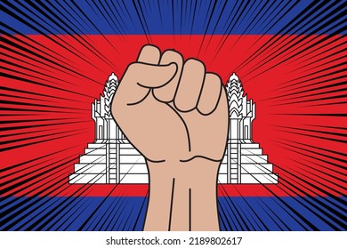 Human fist clenched symbol on flag of Cambodia background. Power and strength logo