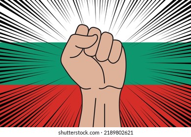 Human fist clenched symbol on flag of Bulgaria background. Power and strength logo