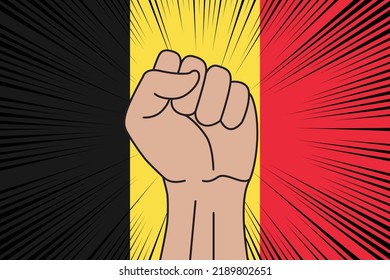 Human fist clenched symbol on flag of Belgium background. Power and strength logo