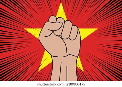 Human fist clenched symbol on flag of Vietnam background. Power and strength logo