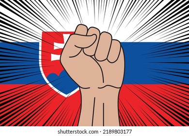 Human fist clenched symbol on flag of Slovakia background. Power and strength logo