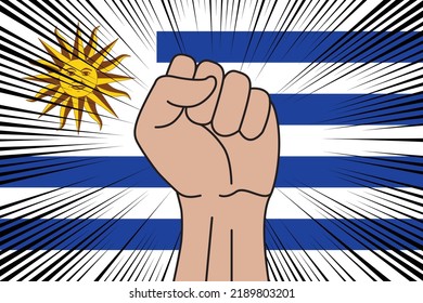 Human fist clenched symbol on flag of Uruguay background. Power and strength logo