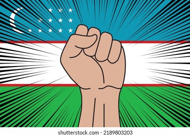 Human fist clenched symbol on flag of Uzbekistan background. Power and strength logo